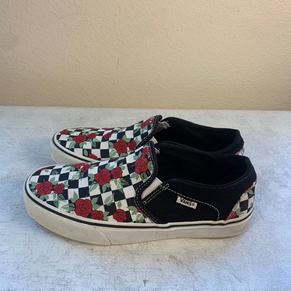 Vans Asher Womens 8 Rose Checkerboard Floral Slip On Sneakers Black White Red - Picture 3 of 10